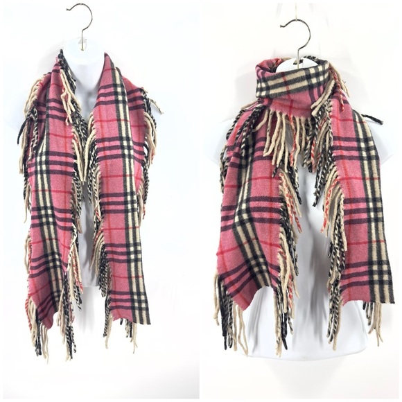 Burberry Happy Fringe Scarf Pink Black Nova Check Plaid Wool Cashmere Blend - Picture 1 of 7